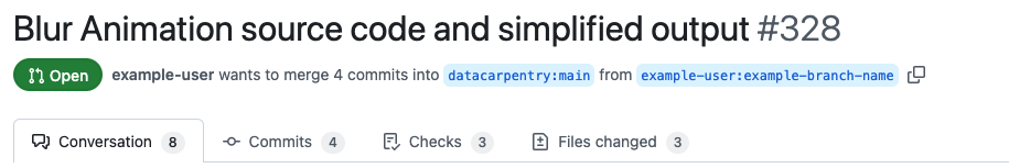 Branch information for a pull request on GitHub. The name of the official repository default branch, , and of the contributor's feature branch, , are displayed.