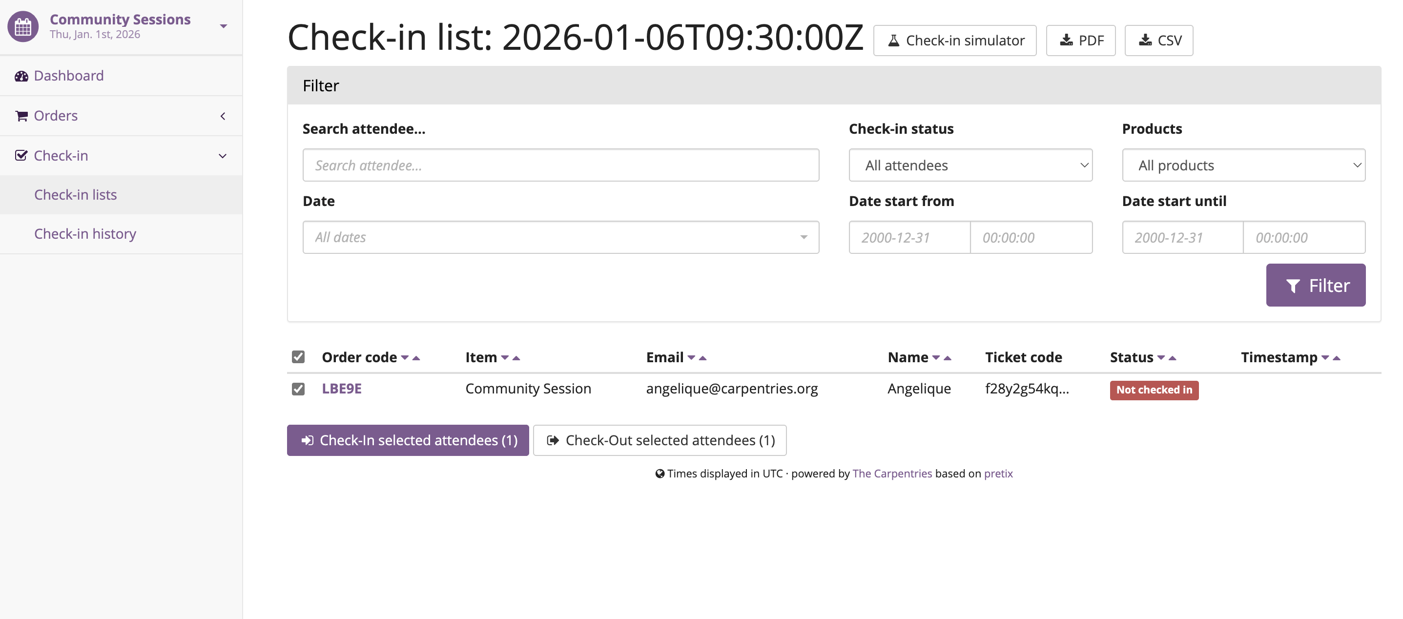Step 3: Select all the participants who attended the community session by checking the box to the left of the order code.